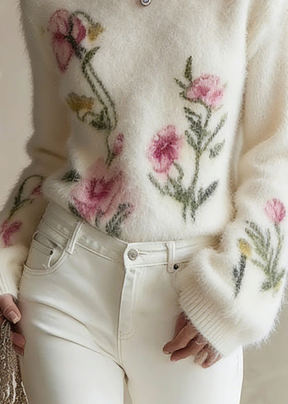French White Floral Cotton Knit Sweater Lantern Sleeve