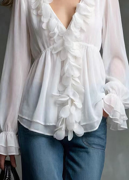 Elegant White V Neck Petal Chiffon Shirts Spring