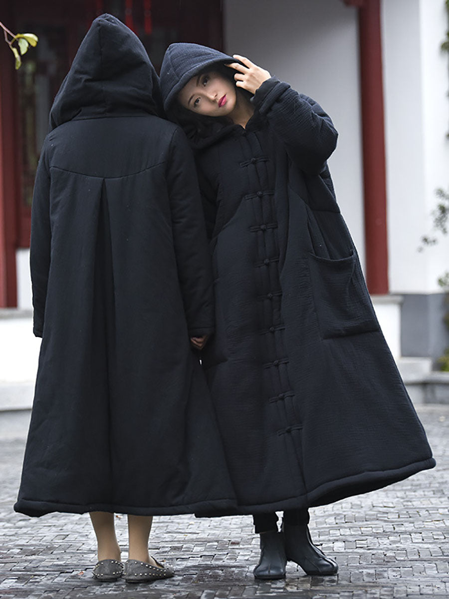 Women Winter Vintage Solid Frog Pocket Hooded Long Coat