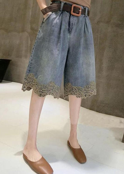 Fashion Blue Lace Patchwork Denim Hot Pants Summer