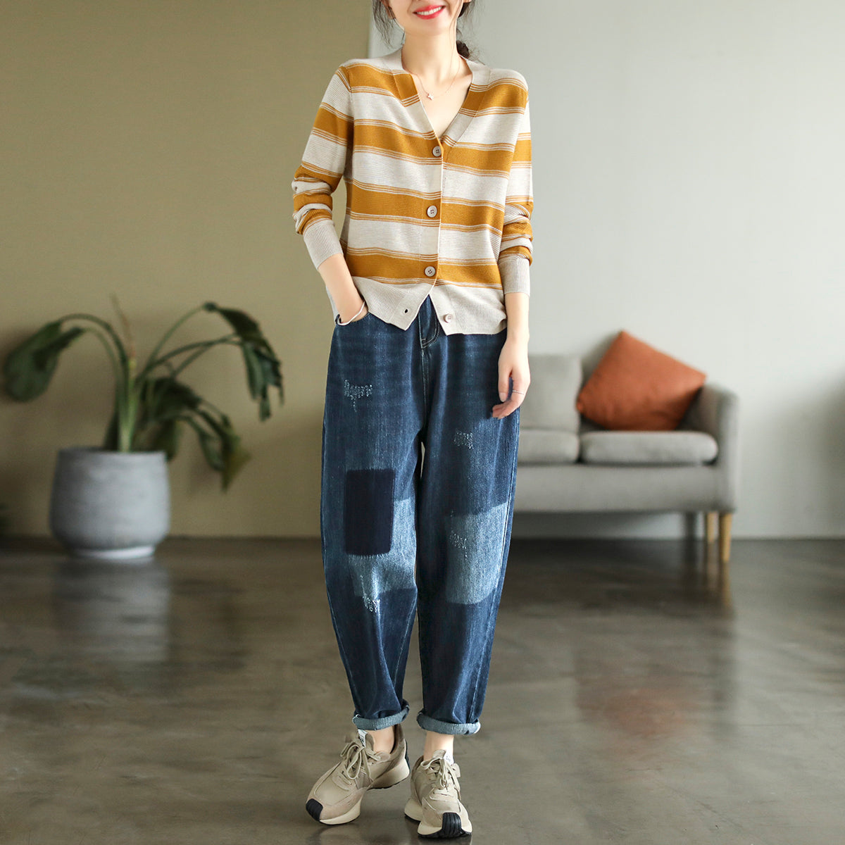 Autumn Women Ripped Patchwork Cotton Jeans