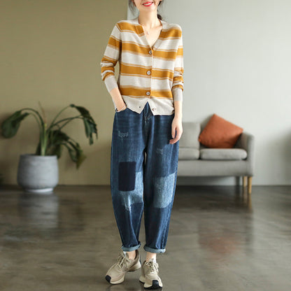 Autumn Women Ripped Patchwork Cotton Jeans