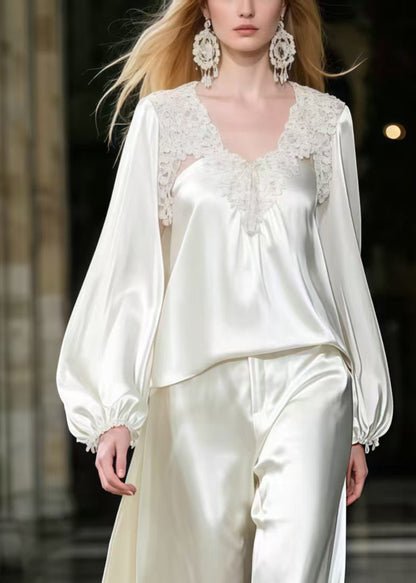 French White Lace Patchwork Draping Silk Two Piece Set Women Clothing Spring