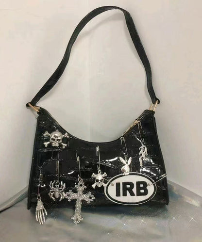 Style Black Embroidery Solid Durable Faux Leather Hobo Bag