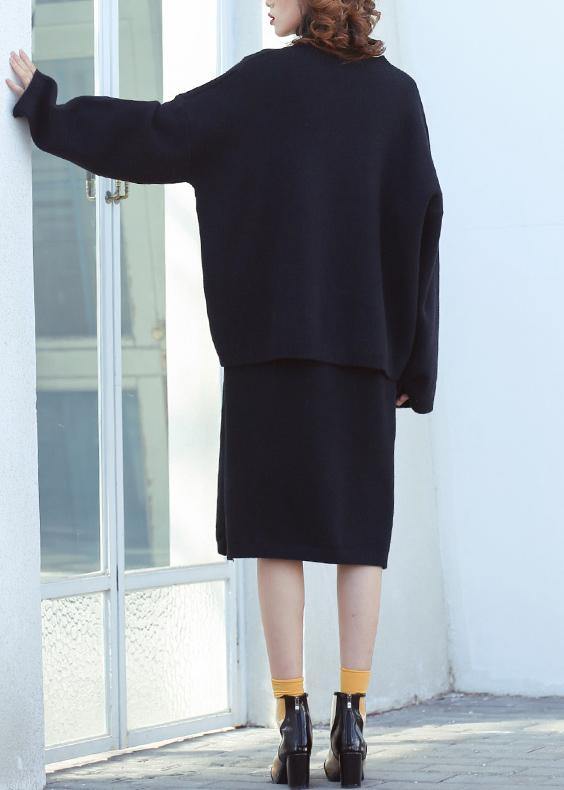 Set female 2024 large size turtleneck sweater suit skirt black two-piece long paragraph over the knee