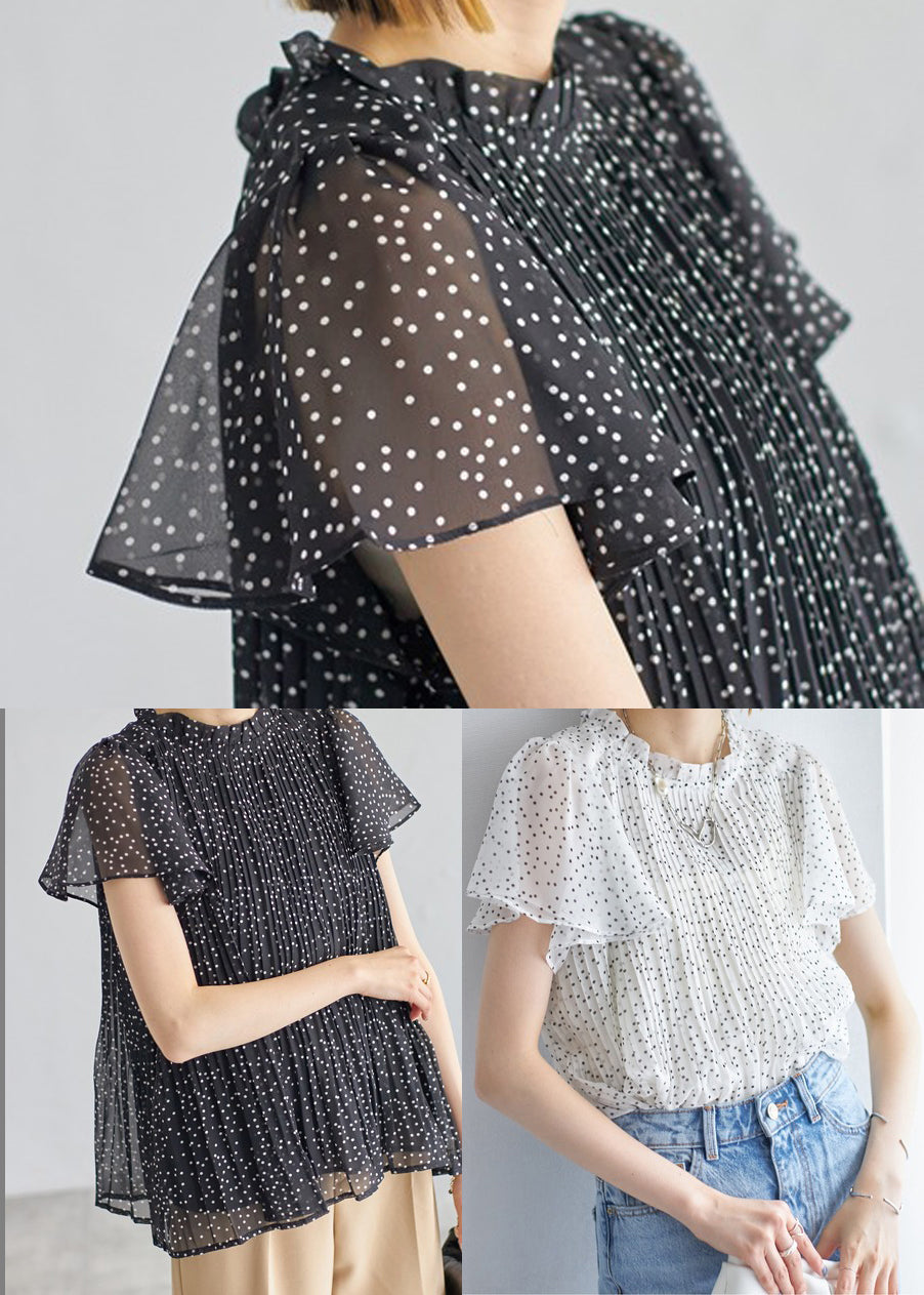 Classy Black Dot Wrinkled Chiffon Shirts Summer