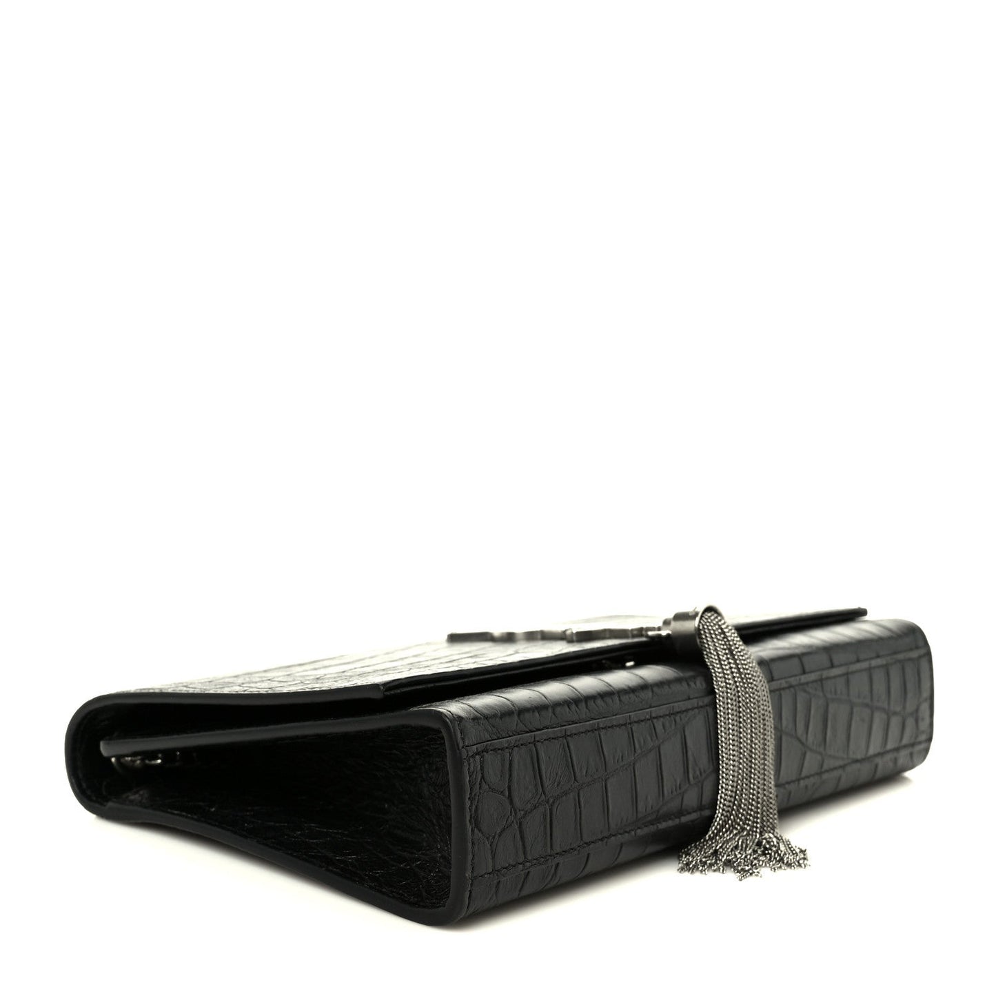 Calfskin Crocodile Embossed Medium Classic Monogram Kate Tassel Satchel Black