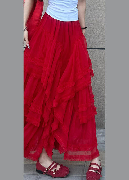 Style Red Elastic Waist Tulle Maxi Cake Skirt Summer