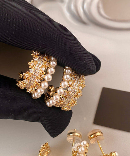 Fine Gold Zircon Pearl Copper Stud Earrings
