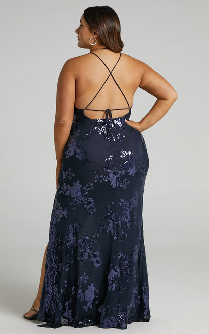 Out Till Dawn Maxi Dress - Thigh Split Dress In Navy Sequin