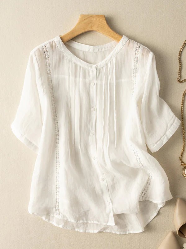 Pure Color Round Neck Short Sleeve Casual Linen Top