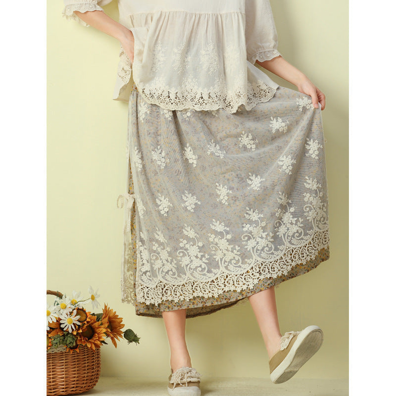 Cozy Linen Retro Floral Embroidery Lace Mesh Skirt