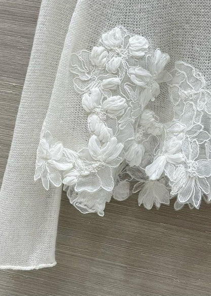 Stylish White O-Neck Floral Knit Shirt Tops Fall