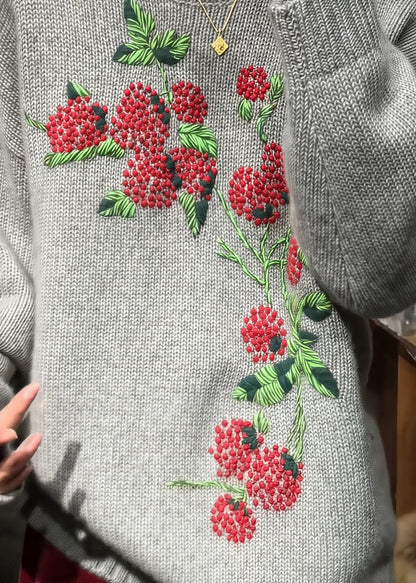 Style Grey O-Neck Embroidered Knit Sweaters Fall