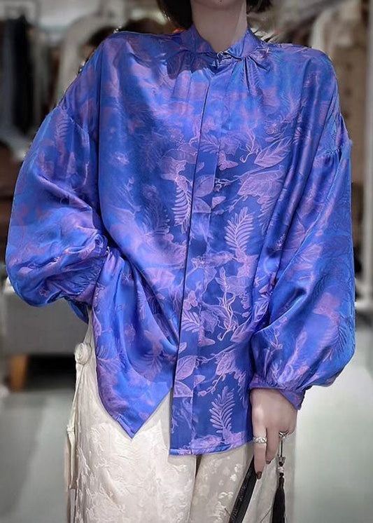 Beautiful Green Stand Collar Patchwork Jacquard Silk Blouses Fall