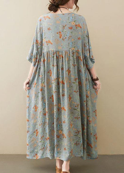 Elegant Grey O-Neck Patchwork Print Half Sleeve Summer Long Dress