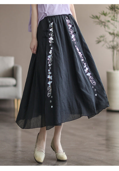 Vintage Double Cotton Linen Embroidered Buckle A-Line Skirt