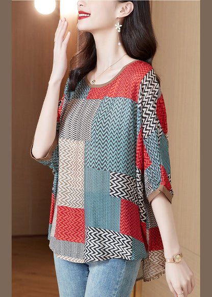 Plus Size Red O-Neck Striped Print Silk Shirt Half Sleeve