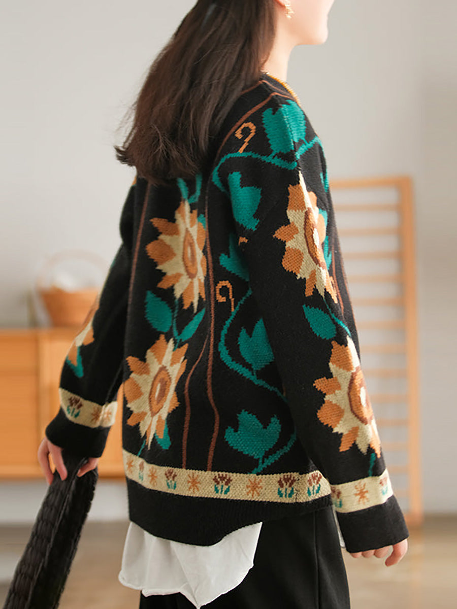 Women Floral Knitted O Neck Long Sleeve Sweater