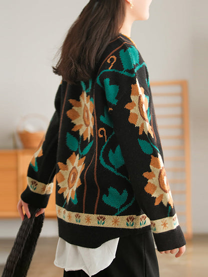 Women Floral Knitted O Neck Long Sleeve Sweater