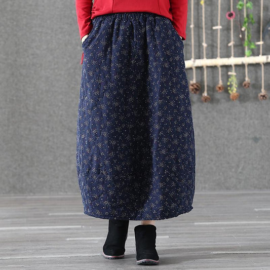 Winter Retro Linen Printed Quilted Skirt