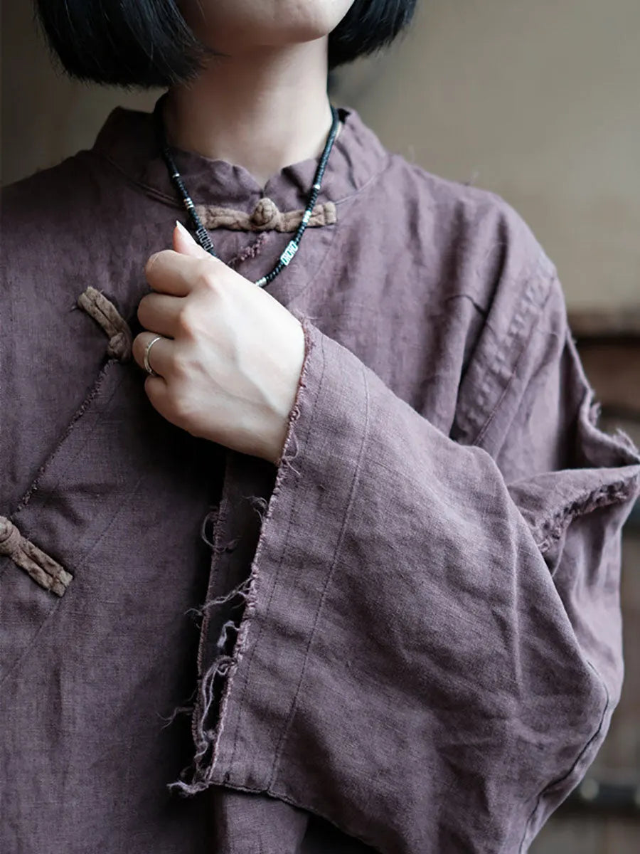 Women Chinese Style Vintage Burrs Button Linen Dress