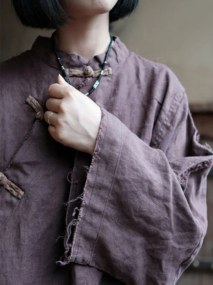 Women Chinese Style Vintage Burrs Button Linen Dress