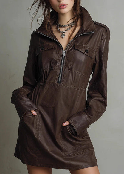 Women Coffee Peter Pan Collar Zippered Patchwork Faux Leather Mid Dress Spring