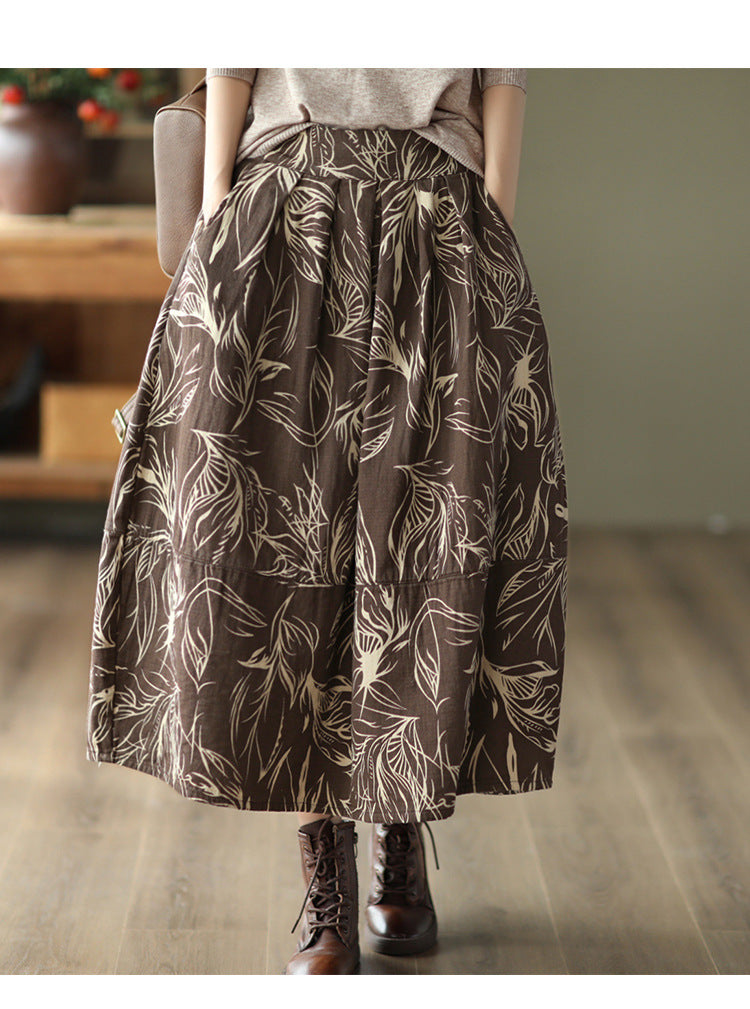Vintage Printed Cotton And Linen Slim Elastic Waist A-Line Skirt