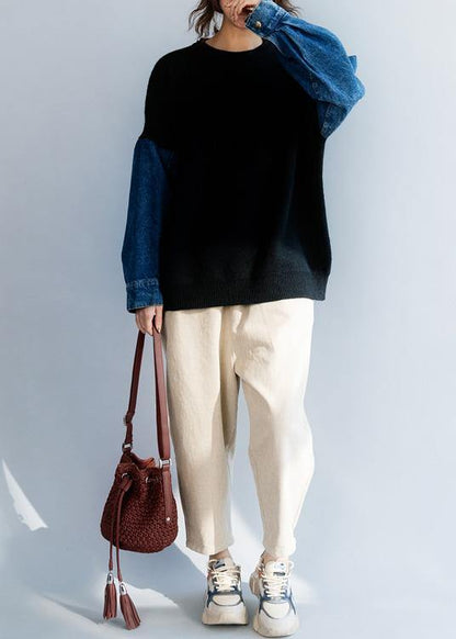 Women black Blouse patchwork sleeve fashion winter knitted blouse