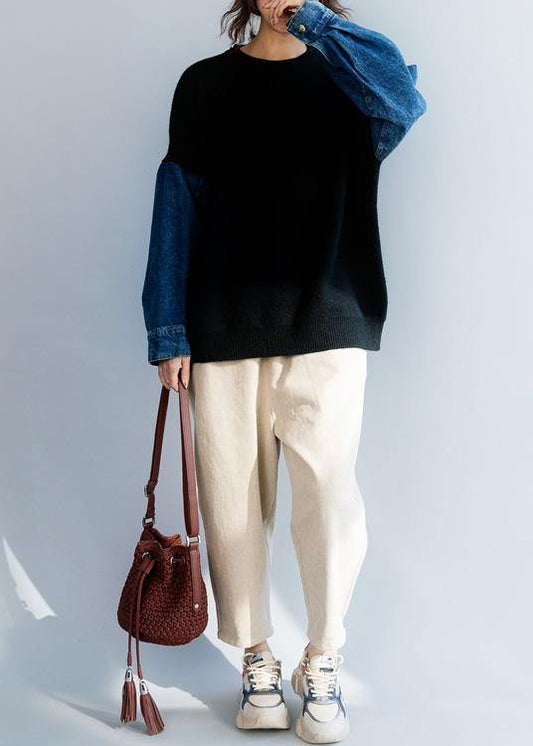 Women black Blouse patchwork sleeve fashion winter knitted blouse