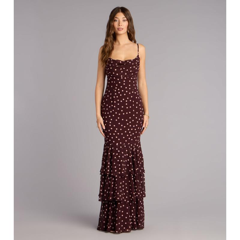 Burgundy Polka Dot Spaghetti Strap Mermaid Maxi Dress | Vintage Draped Ruffle Evening Gown
