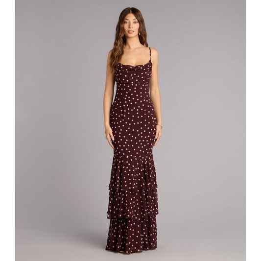 Burgundy Polka Dot Spaghetti Strap Mermaid Maxi Dress | Vintage Draped Ruffle Evening Gown