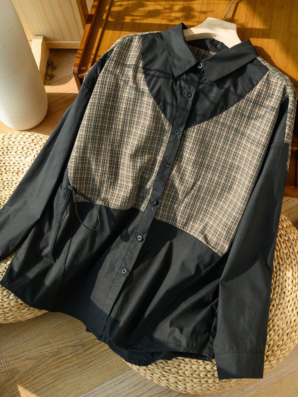 100% Natural Fabric Drawstring Plaid Casual Loose Shirt