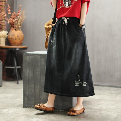 Embroidered Denim Retro Art Ladies Long Skirt