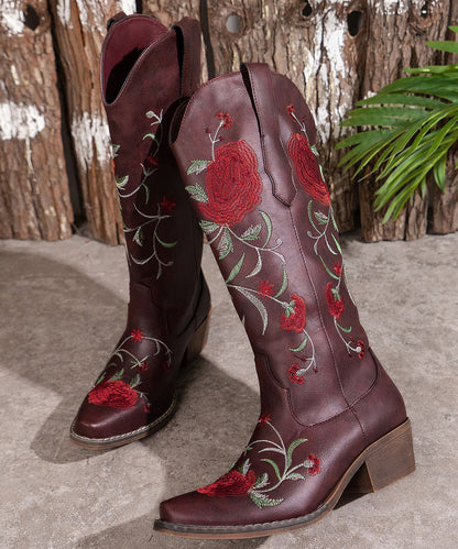 Wine Red Embossed Zippered Faux Leather Elegant Chunky Boots