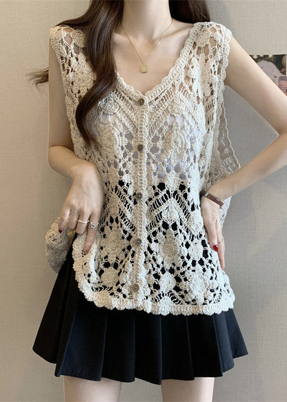 Chic Apricot V Neck Hollow Out Knit Vest Sleeveless