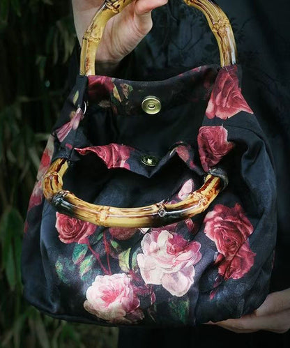 New Retro Black Silk Print Bamboo Tote Handbag