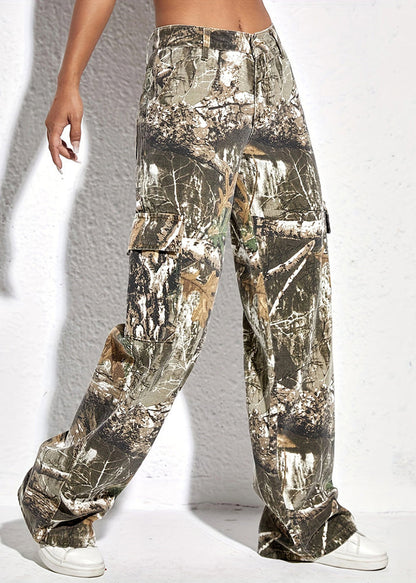 Casual Print Pockets High Waist Cotton Pants Spring