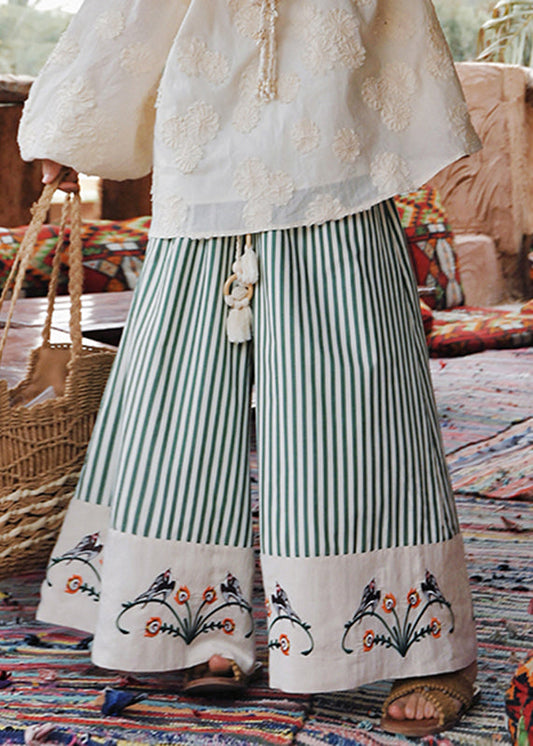 Organic Green Striped Embroidered Floral Cotton Wide Leg Pants Summer