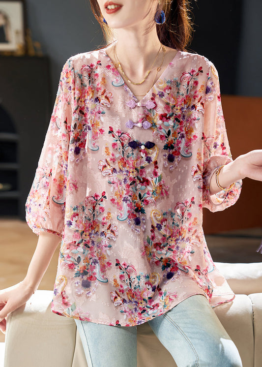 Beautiful Pink V Neck Print Chiffon Blouse Tops Bracelet Sleeve