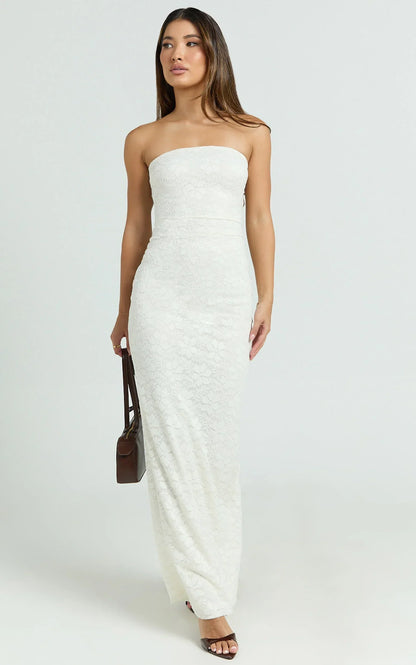 Bec Maxi Dress - Stretch Lace Strapless Dress In Off White