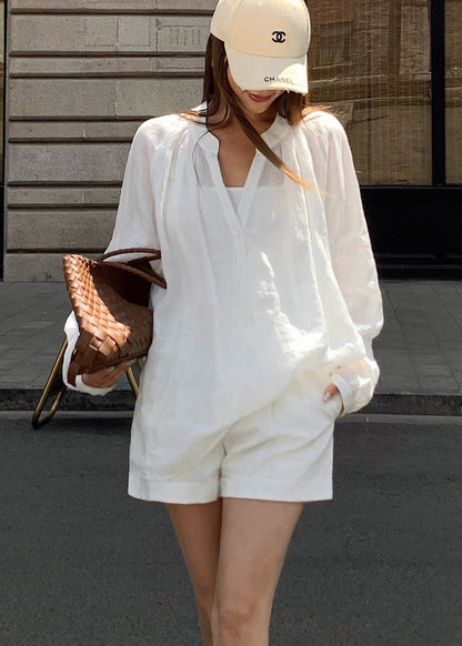 Loose White Long Sleeve Top And Shorts cotton blend Two Pieces Set