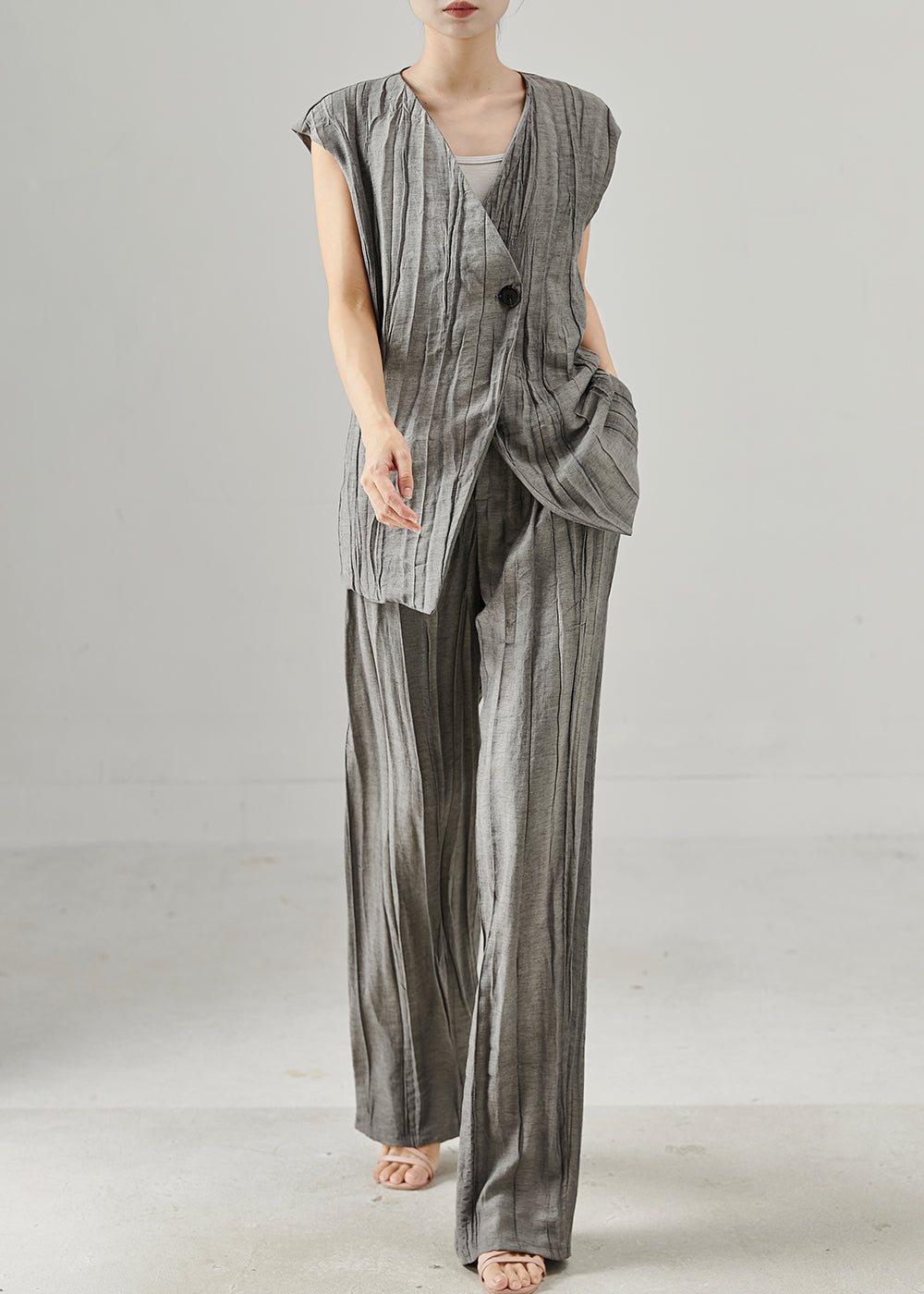 Fine Grey Asymmetrical Wrinkled Linen Two Piece Set Summer
