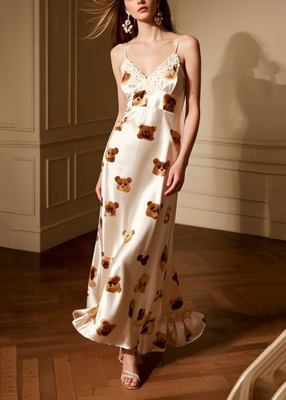 Cute Litter Bear Print Draping Silk Spaghetti Strap Dress Summer