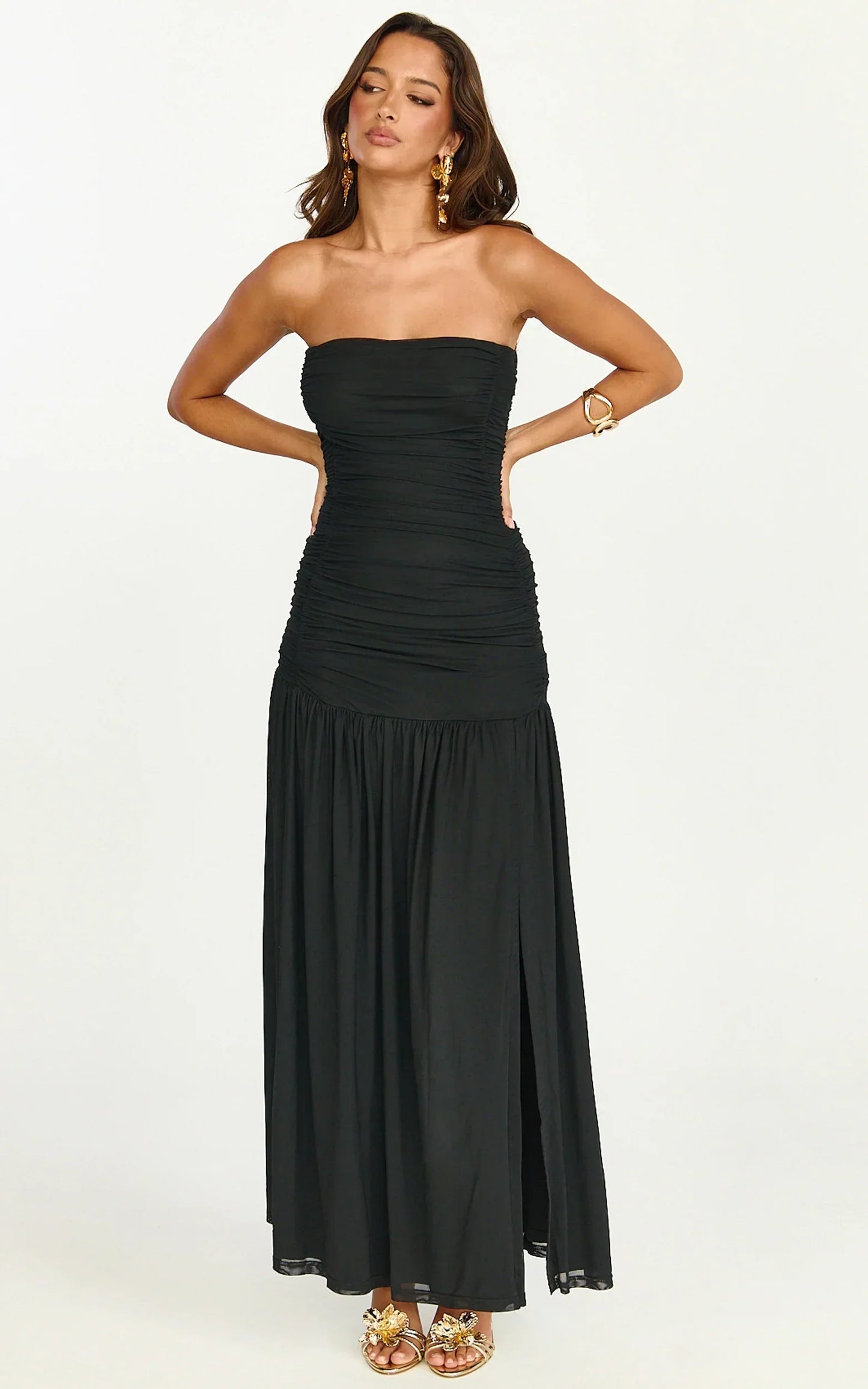 Marguerite Maxi Dress - Strapless Ruched Mesh High Leg Split Dress In Black