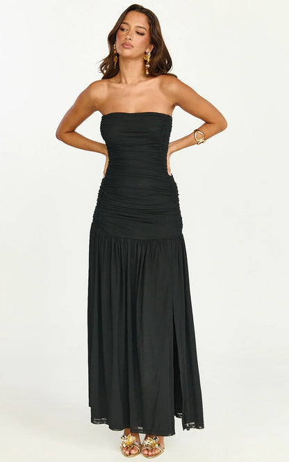Marguerite Maxi Dress - Strapless Ruched Mesh High Leg Split Dress In Black