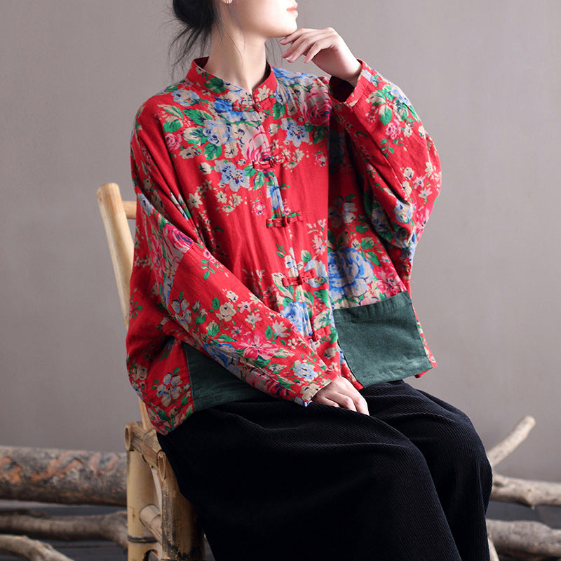 Vintage Blouse Stand Collar Large Flower Long-Sleeved Jacket