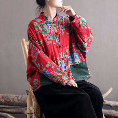 Vintage Blouse Stand Collar Large Flower Long-Sleeved Jacket