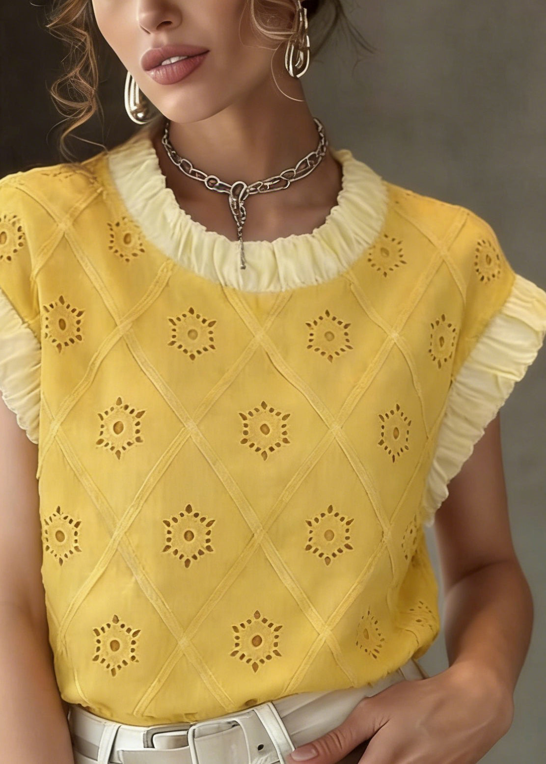 Cute Yellow Patchwork Hollow Out T Shirt Summer